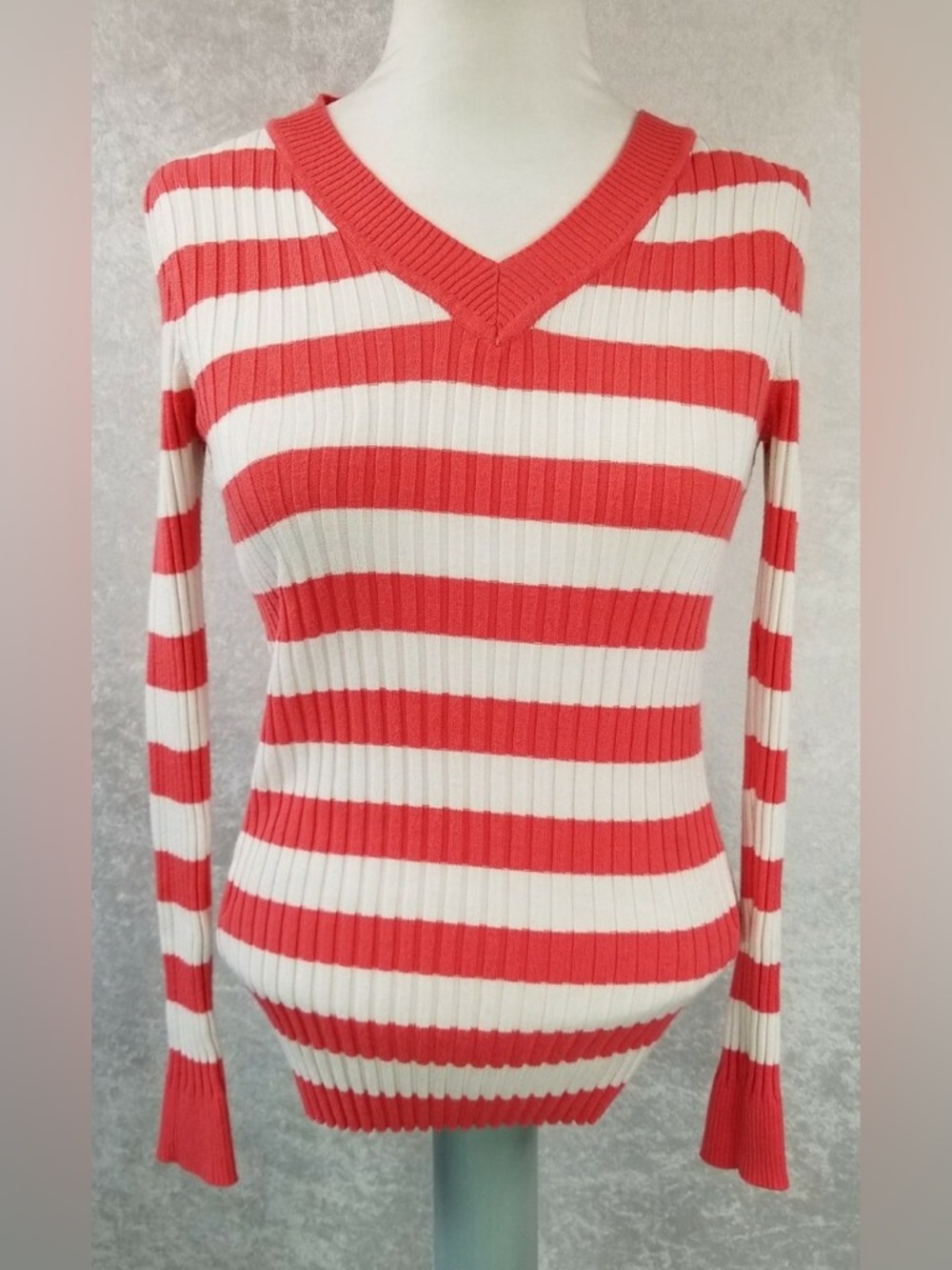 Pink Republic V-neck y2k 2000 ribbed coral white striped knit top sweater medium
